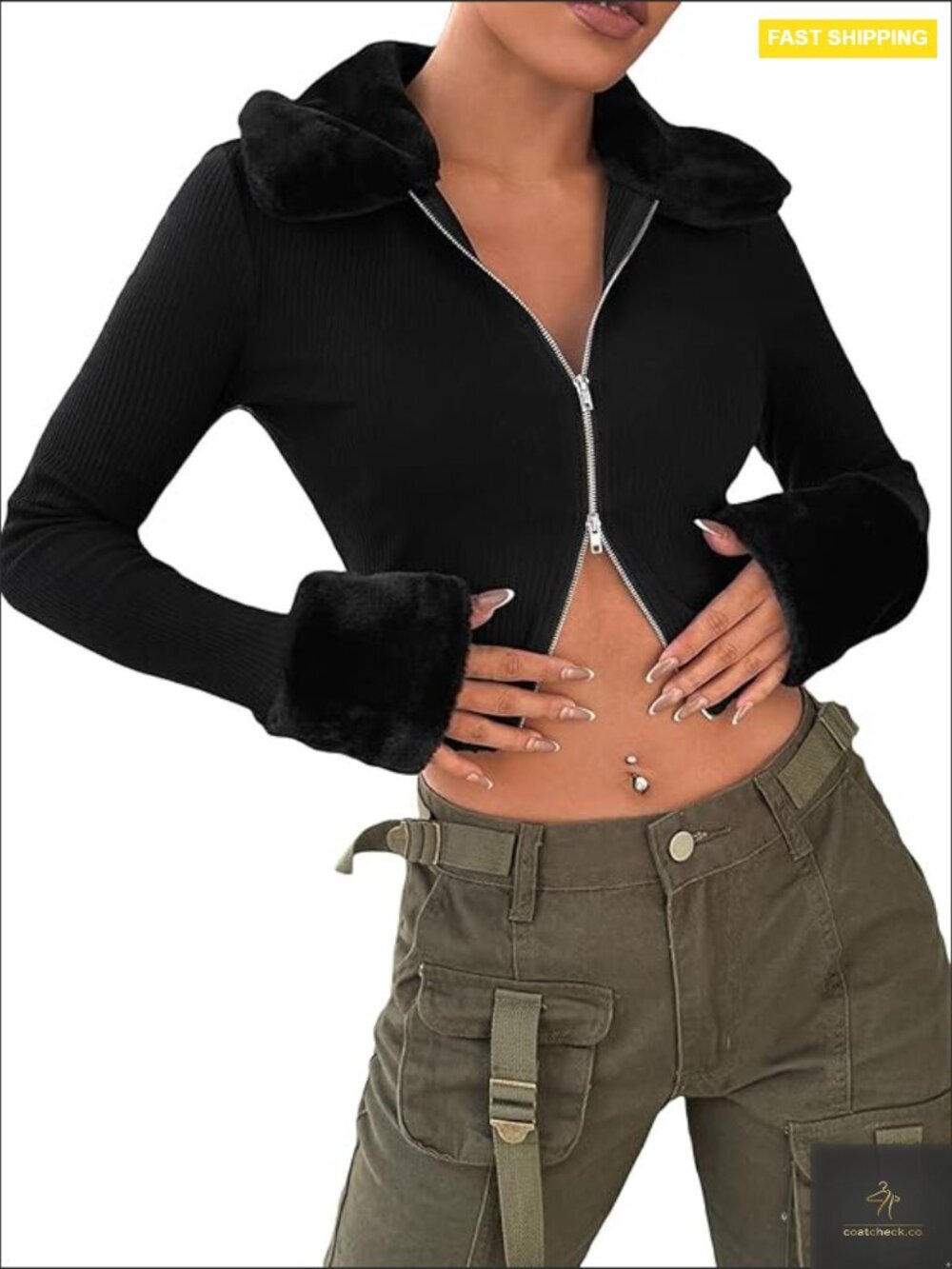 Zip Up Fleece Collar Cropped Sweatshirt Jacket Y2K Streetwear Long Sleeve